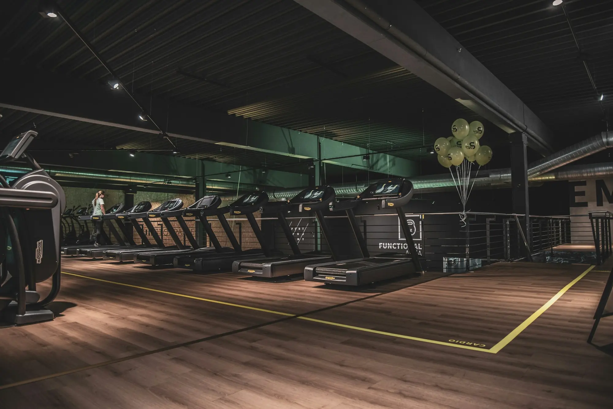 A row of treadmills along a wide gym floor